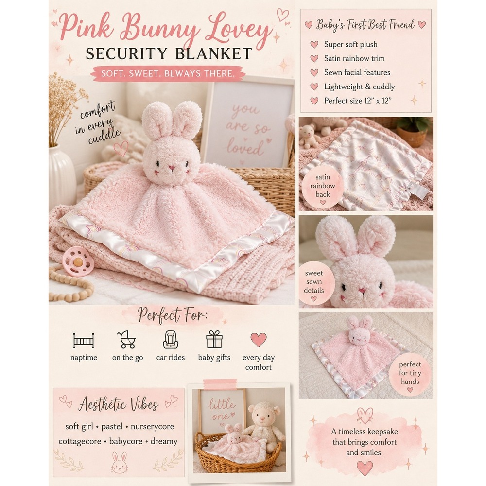 Parents Choice Security Blanket Pink Bunny Baby 12x12 Lovey Satin Rainbow Pastel